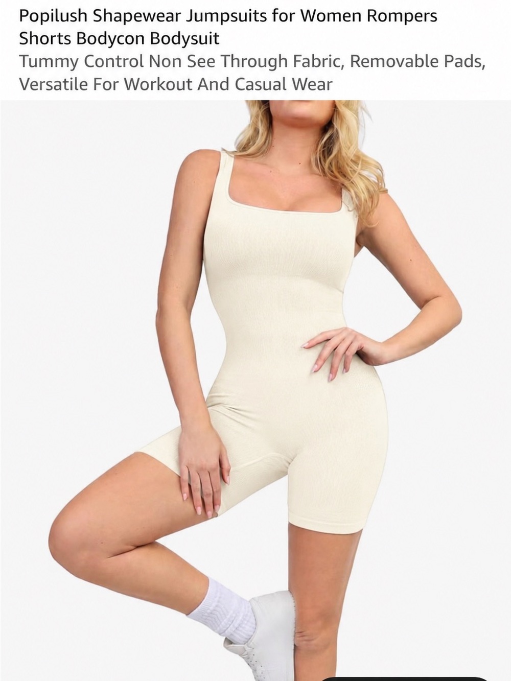 Popilush Cream Shapewear Jumpsuit Romper with Square Neck
